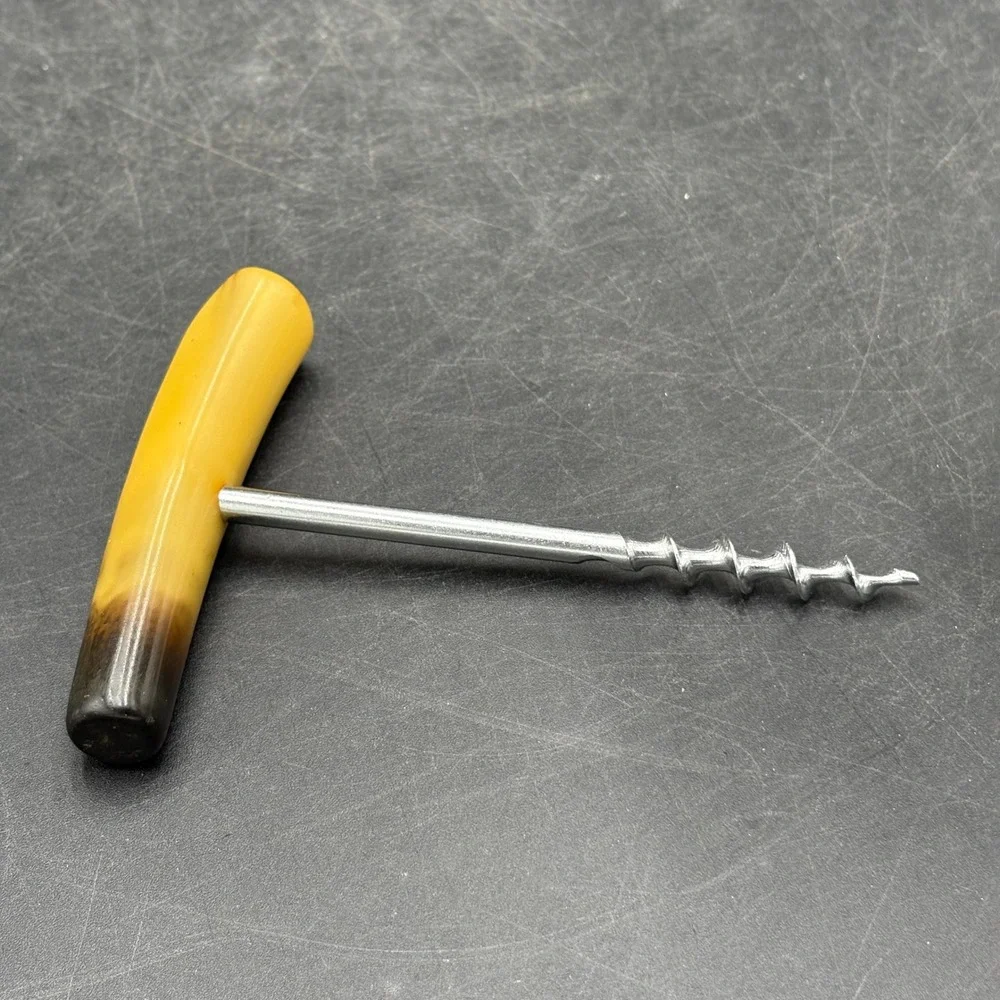 Vtg MCM T-Handle Corkscrew Faux Horn Marbled Yellow Brown Barware Wine Opener